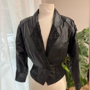 Vintage 80s CHIA Black Leather Jacket with Brocade Accents‎ – XS